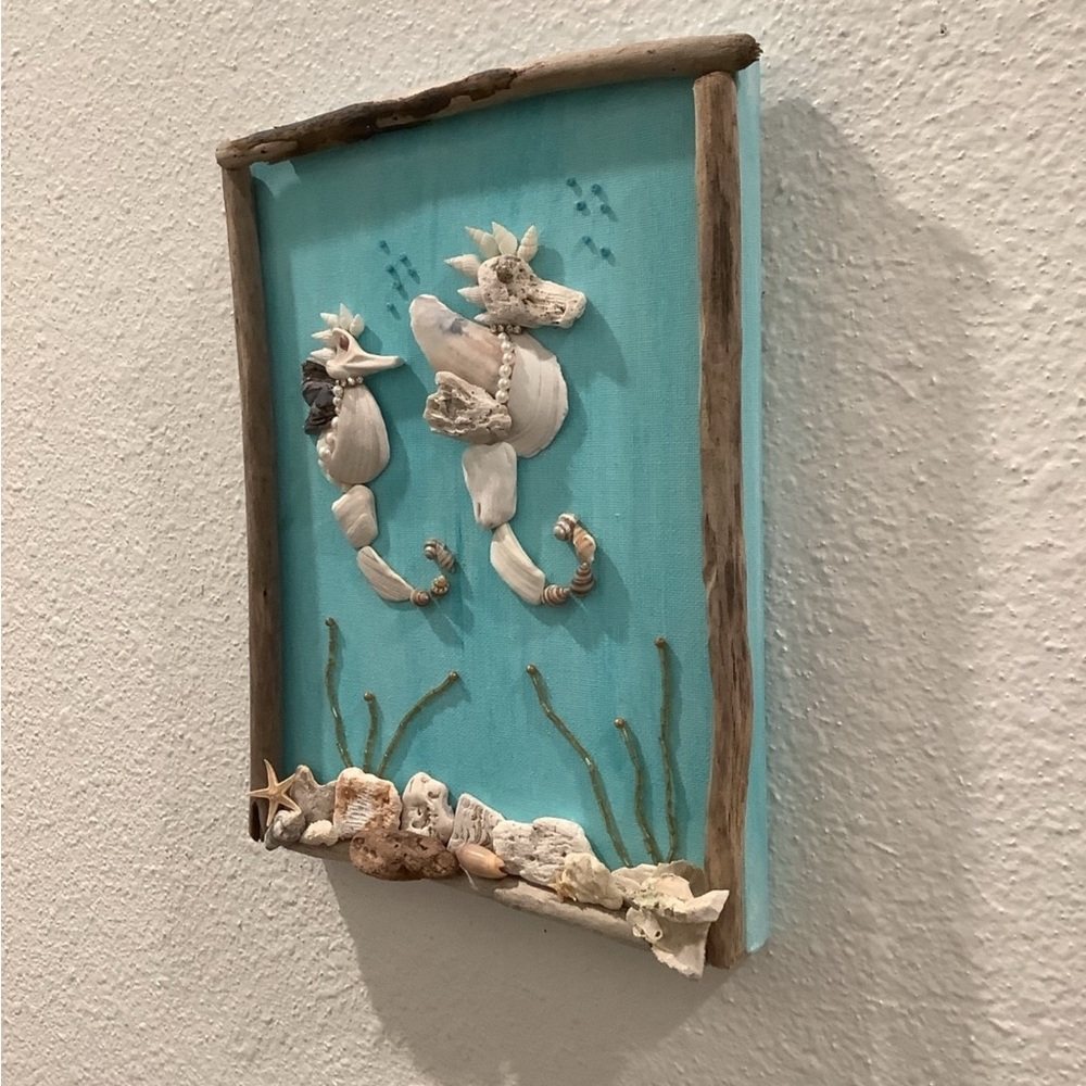 Driftwood Art, Seashell Jeweled Seahorses, Jeweled Seahorses Art, Coastal Art - Picture 4 of 8
